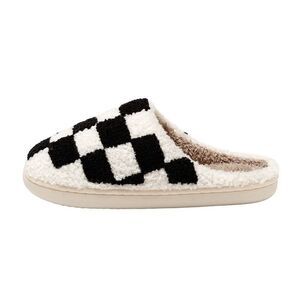 Black White Plaid Checkered Cozy Fuzzy Lounge Slippers Women’s Size Medium/Large